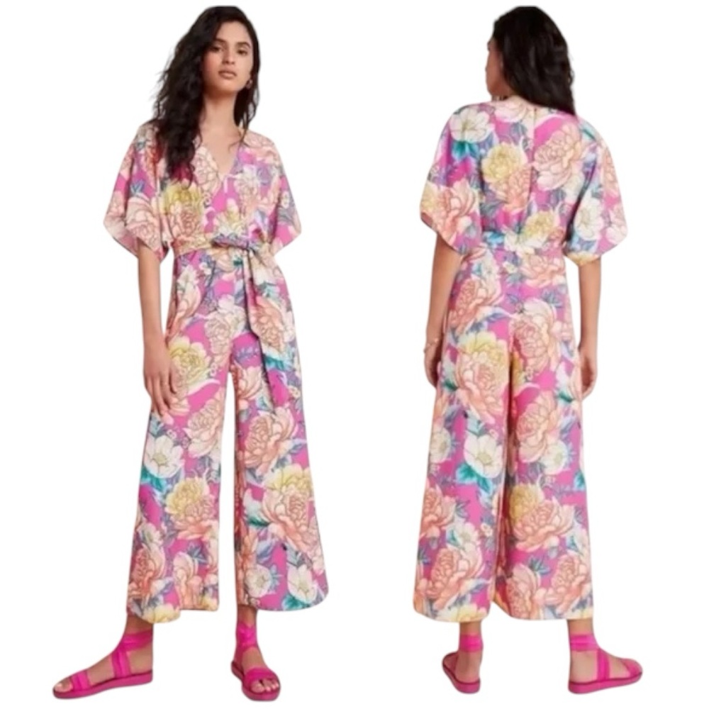 Anthropologie Floral Jumpsuit in Pink and White